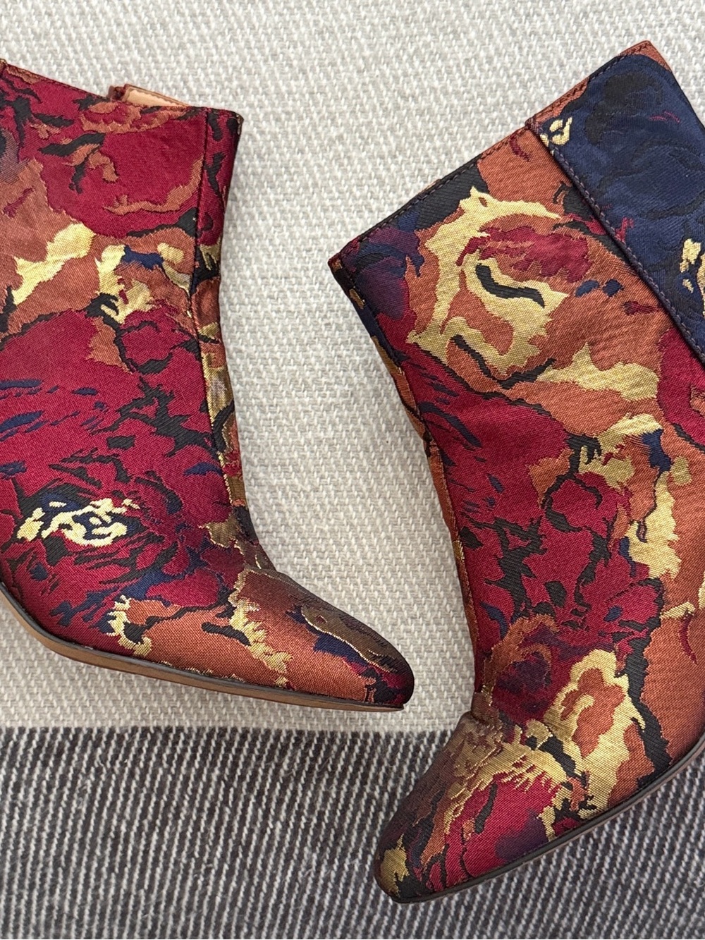 Franco Sarto Red and Gold Floral Jacquard Ankle Boots with Navy Accents